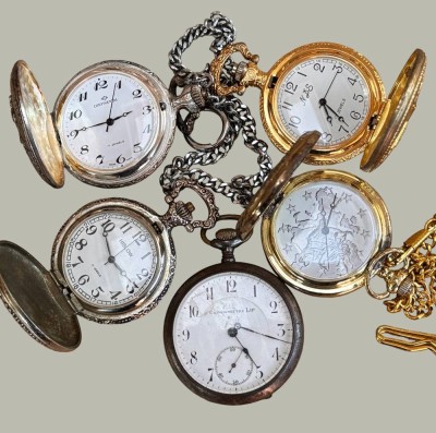 Auktion 367<br>5x mechan. Taschenuhren, 2x mit Kette, 4x Sprungdeckel, 1x Chronometre Lip, alle defekt [1]