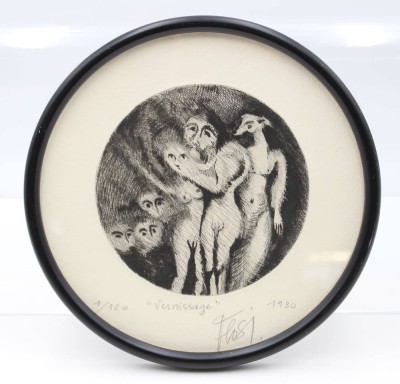 Auktion 367<br>runde Radierung, signiert Flosi 1980, betitelt Vernissage, ger./Glas, D-26cm [1]
