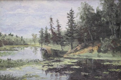 Auktion 367<br>A.V.Petrov, Waldsee, verso kyrill. betitelt, Öl/Hartfaser, gerahmt, RG 26 x 36,5cm [1]