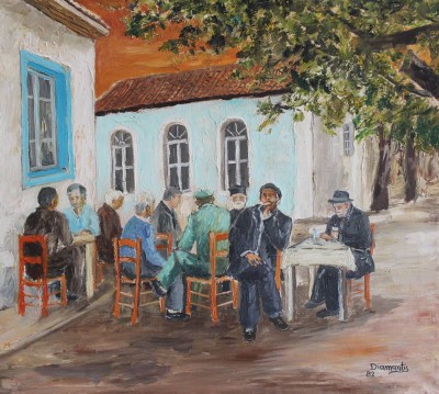 Auktion 367<br>Diamantis'82, Herrenrunde, Öl/Leinwand, schlicht gerahmt, RG 46 x 52cm [1]