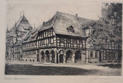 Auktion 367<br>unleserl. signierte Radierung, Stechbahn in Celle, älter, ger./Glas, RG 24,5 x 31cm [1]