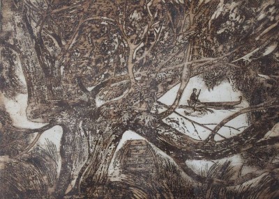 Auktion 367<br>wohl Anatoly  MARCHUK  (1956) , Mann in Ruderboot, Radierung, gerahmt/Glas, RG 48,5 x 60cm [1]