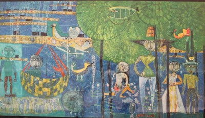 Auktion 367<br>Kunstdruck, Friedensreich Hundertwasser Paradies Land der Menschen Voegel und Schiffe, gerahmt/Glas, RG 57,5 x 92,5cm [1]