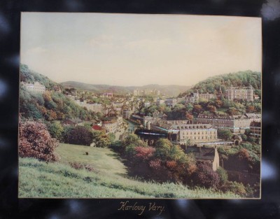 Auktion 367<br>Andenkenbild mit Perlmutt-Einlagen, Karlsbad, älter, gerahmt, RG 35,5 x 42,5cm, einige verblichene Stellen im schwarzen Bereich [1]