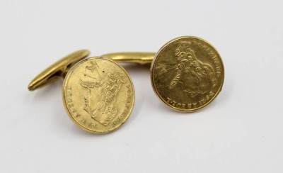 Auktion 367<br>Paar Münz-Manschettenknöpfe, älter, vergoldet, ca. D-1,2cm [1]