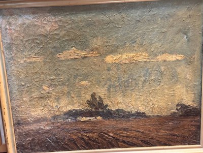 Auktion 367<br>anonymes Gemälde, einsames Gehöft, verso Etikett, dänisch beschriftet, Öl/Leinen, alt gerahmt, reinigungsbedürftig, 63x44 cm [1]