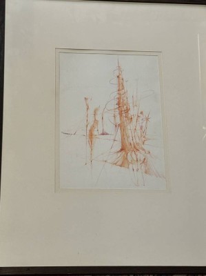 Auktion 367<br>unleserl. signierte surrealistische/Mischtechnik,  25x35 cm, ger/Glas, 52x46 cm [1]