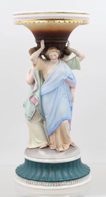 Auktion 367<br>figürlicher Tafelaufsatz, Drei Grazien, farbig staffiert, ungedeutete Schwertermarke?, ca. H-30cm D-13,5cm [1]