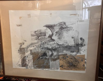 Auktion 367<br>unleserl. sign. grosses Aquarell auf 2 Blättern?, 1986, ger/Glas, RG 71x85 cm, Sperrgut [1]