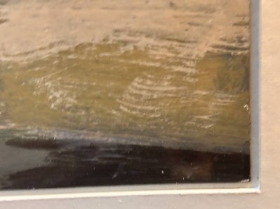 Auktion 367<br>moderne Landschaft, Mischtechnik auf Pappe?, ger/Glas, verso mit Bleistift unleserlich beschriftet, RG 61x52 cm [1]