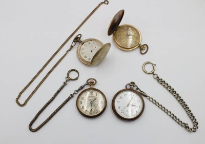Auktion 367<br>Konvolut div,. defekter Taschenuhren, u.a. Silbergehäuse, 3x mit Kette [1]