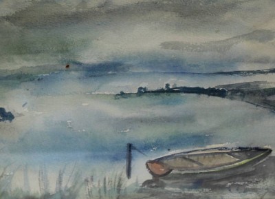 Auktion 367<br>unsigniertes Aquarell, Boot am See, verso Zettel 