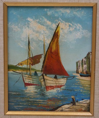 Auktion 367<br>ru. monogrammiert, Boote, Öl/Malfaser, 50/60er Jahre, gerahmt, RG 33,5 x 28cm [1]