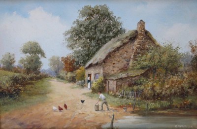 Auktion 367<br>Richard SIMM (1926-2019), Gehöft, Öl/Kupfer, gut gerahmt, RG ca. 22 x 27cm [1]