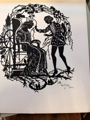 Auktion 367<br>Lotte Gützlaff Scherenschnitt,Berlin, um 1920, signiert, handgeschnitten, auf Papier , Märchenszene, BG 30x24 cm [1]