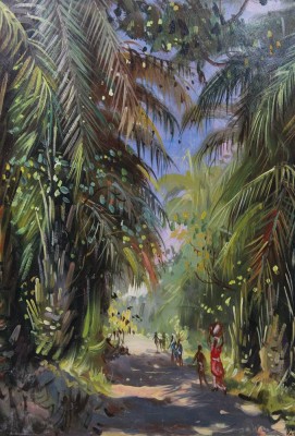 Auktion 368<br>Li Kmabe Raymond o.ä., 1958, wohl afrik. Urwald, Öl/Leinwand, restau.bedürftig, gerahmt, RG 45 x 35cm, Rahmen beschädigt [1]