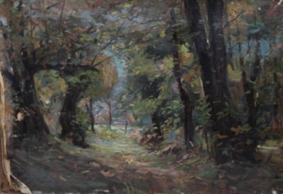 Auktion 368<br>unsignierter Laubwald, älter, Öl/Leinwand,  stark restau.bedürftig, ungerahmt, 38 x 55cm [1]