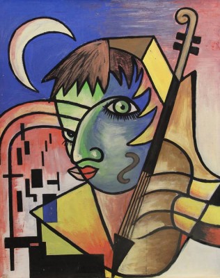 Auktion 368<br>kubistisches Porträt in der Art von Ottmar Alt, unsigbniert, schlicht gerahmt, ca. RG 92 x 77,5cm, Sperrgut! [1]