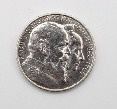 Auktion 368<br>2 Mark 1906 - Friedrich und Luise von Baden / Goldene Hochzeit, ca 11,1gr., D-2,8cm [1]