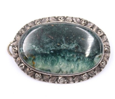 Auktion 368<br>Jugendstil-Brosche, Silber mit Moosachat, ca. 4,5 x 3cm [1]