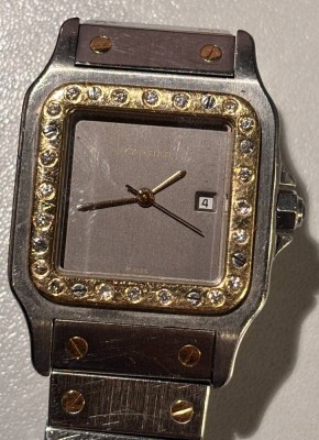 Auktion 368<br>Cartier Santos automatik DAU mit Brillanten (ca. 0,7 ct), Referenz 1172  981, ca. 1995, Stahl/Gold-750-, Werk läuft, leichte Tragespuren, D-24 mm [1]