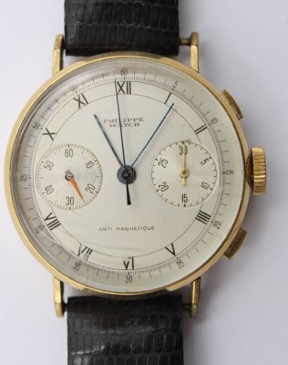 Auktion 368<br>Philippe Watch Anti Magnetique Chronograph mit vergoldeten Gehäuse und Lederband. , Werk steht, [1]