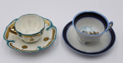 Auktion 368<br>2x Mokkatassen mit. U.T., älter, gemarkt, 1x leider mit Chip an Unterteller, ca. H-4cm [1]
