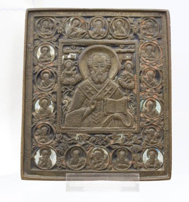 Auktion 368<br>antike russisch-orthodoxe Ikone aus Bronze, Hlg. Nikolaus, 18. Jhd., anbei Zertifkat, ca. 14,3 x 12,3cm [1]