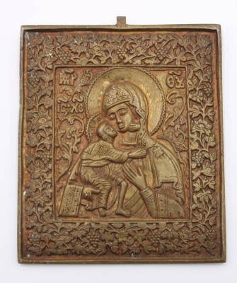 Auktion 368<br>russische orthod. Bronze-Ikone, Gottesmutter von Fjodorowskaja, anbei Zertifikat, ca. 10,7 x 9,3cm [1]