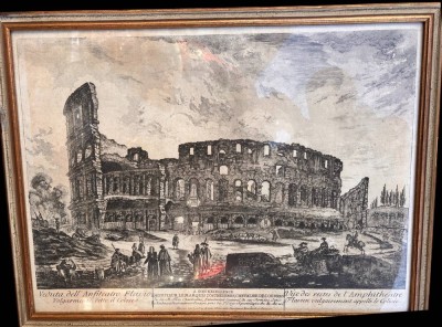 Auktion 368<br>DOMENICO MONTAGU (Italy, ?-1750) gr. Ansichtenstich, das Colosseum in Rom um 1770,BG ca. 40x54 cm,  ger/Glas, [1]