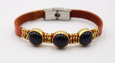 Auktion 368<br>Leder-Armband, mit 3 Goldflusssteinen, L-20cm [1]