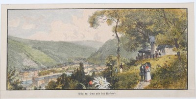 Auktion 373<br>kl. Stich, Blick auf Ems und das Kurhaus, coloriert, ungerahmt in Passepartout, BG 11 x 19cm [1]