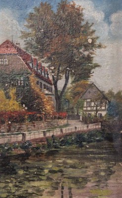 Auktion 372<br>unsigniert, Häuser am Kanal, Öl/Leinwand, Alt gerahmt, restaur.bedürftig, RG 49 x 36,5cm [1]