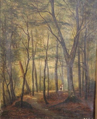 Auktion 368<br>l.u. unleserl. signiert, Damen im Wald, wohl um 1900, Öl/Leinwand, hinterlegte Stellen und restau.bed., alt schwer gerahmt, RG ca. 77 x 68cm [1]