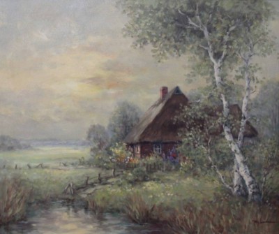 Auktion 372<br>Riemer o.ä., Bauernkate, Öl/Leinwand, gu gerahmt, RG 66 x 76,5cm [1]
