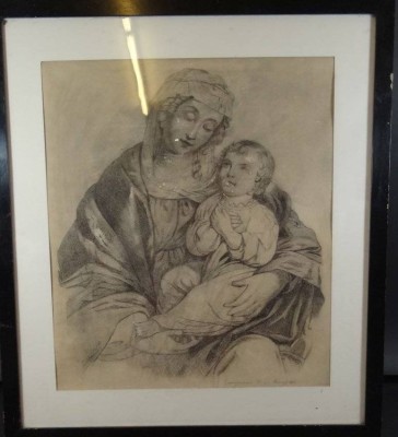 Auktion 368<br>Handzeichnung, Maria mit Kind, dat. 1870, ger/Glas, kl. Papierschäden, RG 53x47 cm [1]