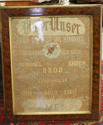 Auktion 368<br>Stickbild, älter, Vater Unser, gerahmt/Glas, RG 61 x 50,5cm. [1]