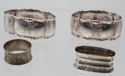 Auktion 368<br>4x Serviettenringe, 2x Alpacca und 2x Silber (17,6gr.), 3x mit Gravuren, Altersspuren, Größte ca. 2,8cm L-6cm [1]