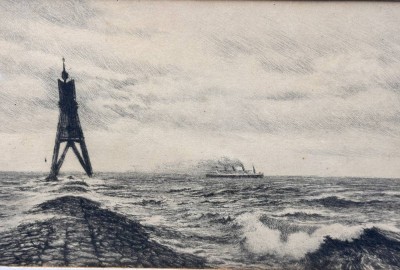 Auktion 369<br>Die Bismarck, Deutschlands grösstes Passagierschiff 1922 in der Elbmündung (von den Engländern beschlagnahmt), orig. Radierung, wohl unter PP signiert?, ger/glas, verso Zeitungsartikel, RG 25x31 cm [1]