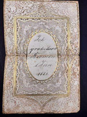 Auktion 369<br>Neujahrs Glückwünsche, 1x 1886 handschriftlich und 3 Postkarten, 30-40 er Jahre, 1x gestickt [1]