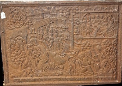 Auktion 369<br>alte Ofenplatte um 1650 mit biblischen Szenen, unleserlich betitelt, Altersspuren, 56x75 cm, ca. 40 kg [1]