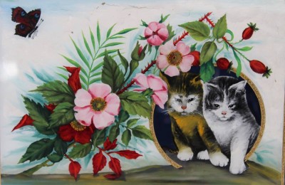 Auktion 369<br>anonym, Katzen, Hinterglasmalerei, um 1900, restau.bedürftig, gerahmt, RG 31,5 x 40,5cm [1]