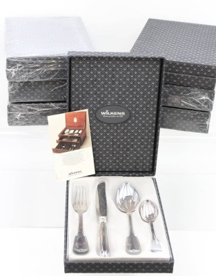 Auktion 369<br>Besteck für 7 Personen, Wilkens, Muster Alt Faden, 90er Auflage, je Messer, Gabel, Löffel u. Kaffeelöffel in 7 Kästen, 5x orig. verschweißt [1]