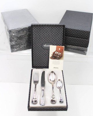 Auktion 369<br>Besteck für 7 Personen, Wilkens, Muster Alt Faden, 90er Auflage, je Messer, Gabel, Löffel u. Kaffeelöffel in 7 Kästen, 4x orig. verschweißt [1]