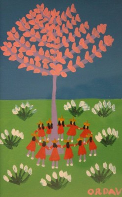 Auktion 369<br>Aldo ORDAVO (1913-1991) , Reigen um Baum tanzend, naiv, gerahmt/Glas, RG 43,5 x 33,5cm [1]