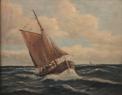 Auktion 369<br>Josef HORA (1895-c.1970) , Fischkutter auf See, Öl/Holz, leicht restau. bedürftig, gerahmt, RG 52,5 x 62,5cm [1]