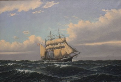 Auktion 369<br>D.Palmer o.ä., dänischer Segler auf See, Öl/Leinwand, gerahmt, Rahmen mit kl. Schäden, RG 68,5 x 96,5cm, Sperrgutversand [1]