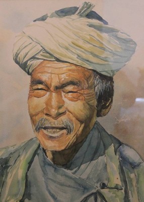 Auktion 369<br>Alok GURUNG (XX-XXI), Portrait eines Nepalesen, Aquarell, gerahmt/Glas, RG 77 x 65cm, Sperrgutversand! [1]