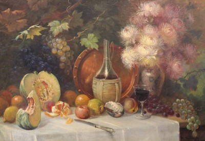 Auktion 369<br>M. Höpflinger (19./20.Jh.) , opulentes Stilleben, Öl/Leiwand, gut gerahmt, RG 91 x 119cm, Sperrgutversand [1]