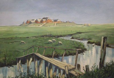 Auktion 369<br>unleserl. signierte Hallig-Ansicht, Öl/Leinwand, alt gerahmt, RG 89 x 11cm, Sperrgutversand [1]